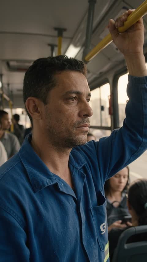 Trabalhador cansado no ônibus lotado